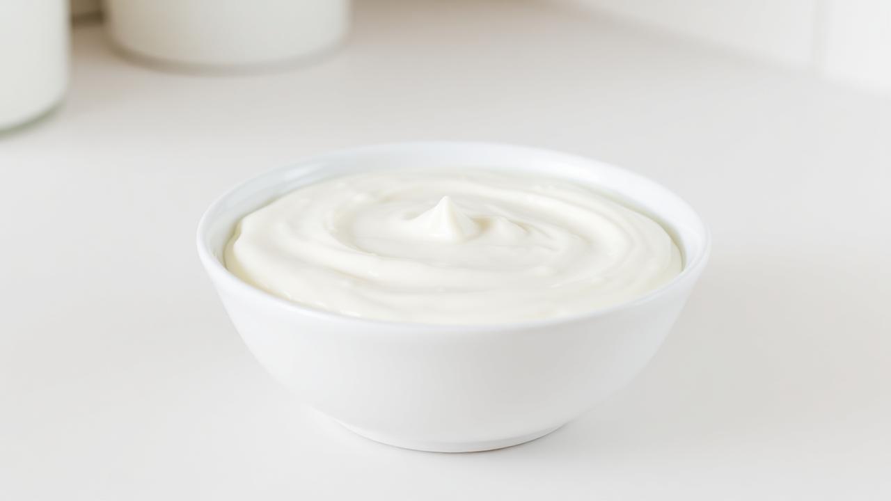 A white bowl of plain unsweetened natural yogurt with no toppings on a light kitchen surface