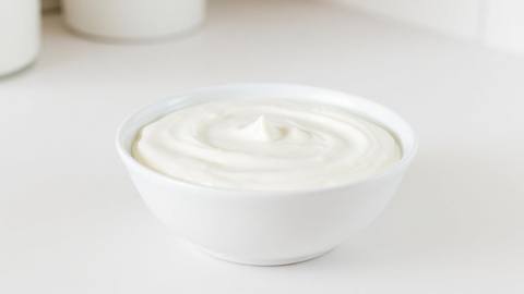 A white bowl of plain unsweetened natural yogurt with no toppings on a light kitchen surface
