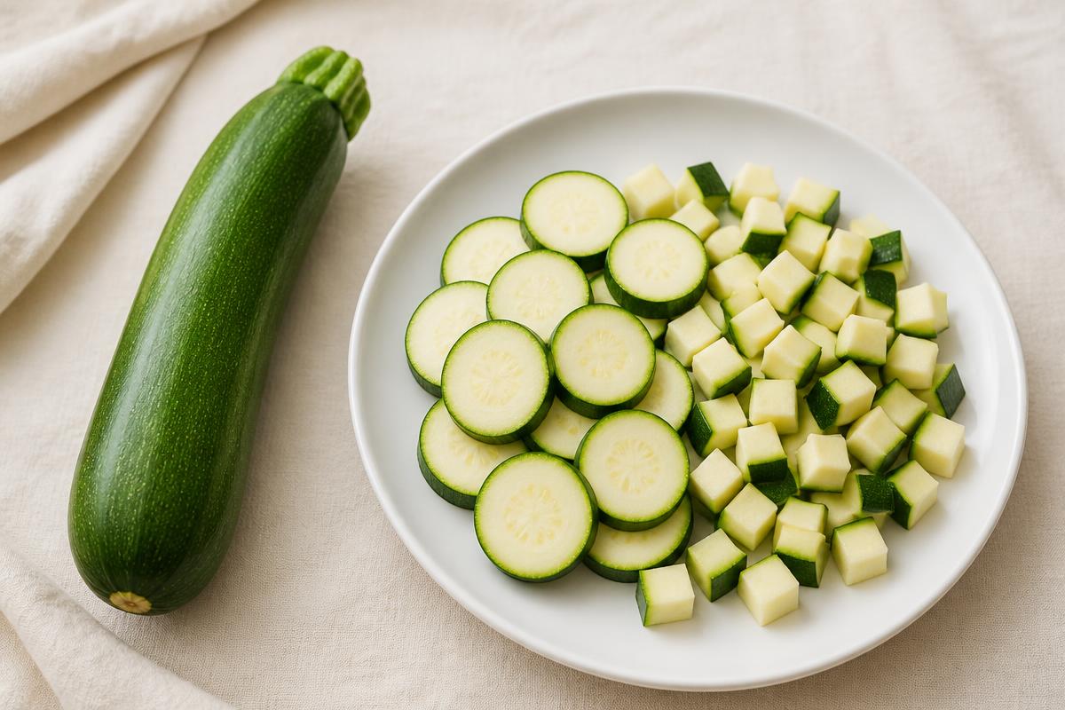 A whole green zucchini beside a plate of zucchini slices and cubes