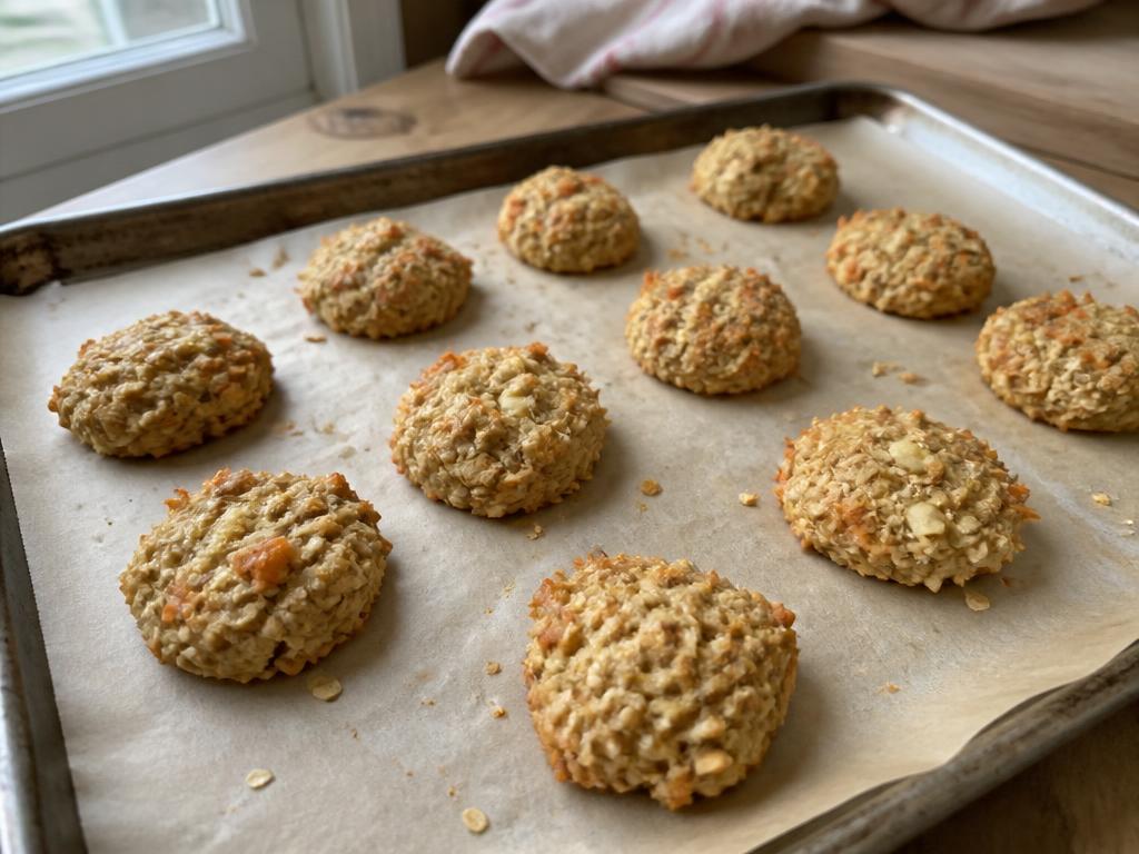 A tray of small rustic homemade oat dog treats flecked with grated carrot and apple, cooling on parchment paper