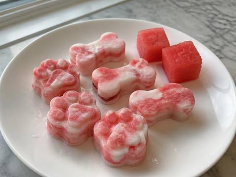 Small frozen pink and white watermelon yogurt dog treats from silicone moulds on a white plate, with two cubes of seedless watermelon flesh