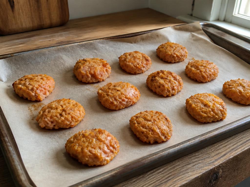 Small rustic orange-gold salmon and sweet potato dog treat bites cooling on a parchment-lined tray