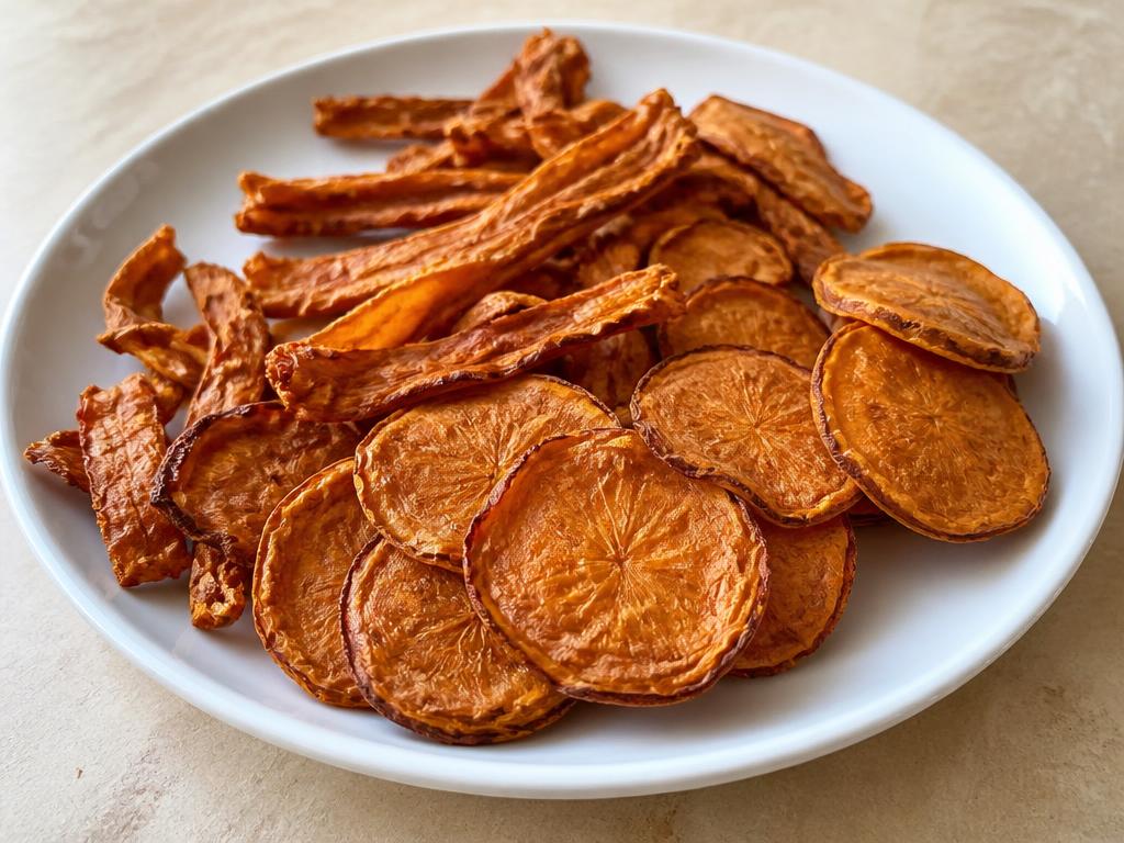 Dehydrated sweet potato dog chews, sliced into rounds and strips, on a white plate