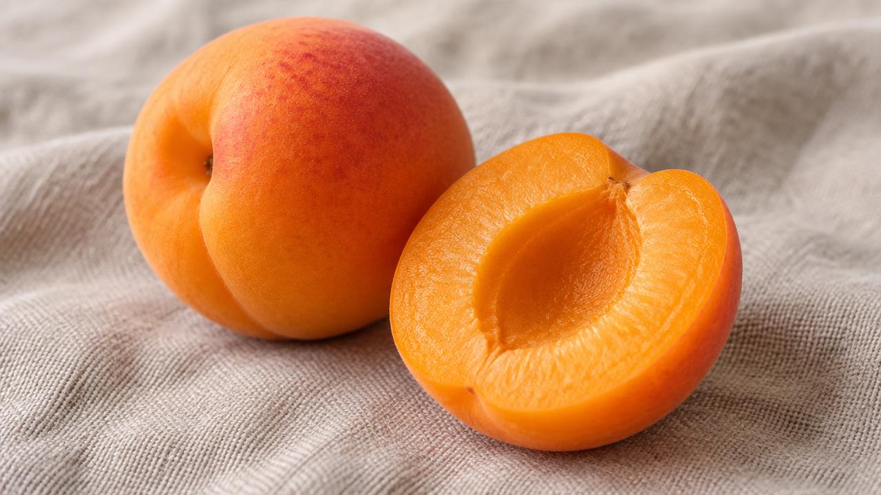 Two ripe apricots, one cut in half with the pit removed, on a linen cloth.