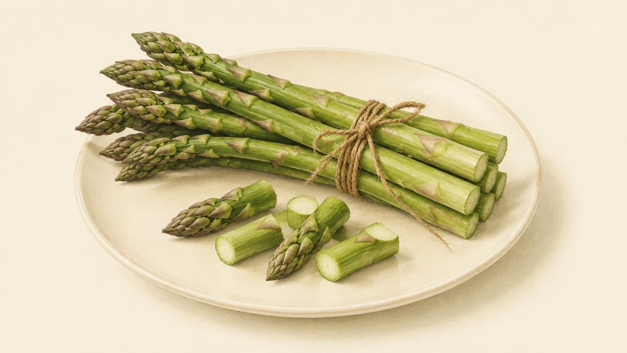 A bundle of fresh green asparagus spears with a few cut pieces on a cream plate