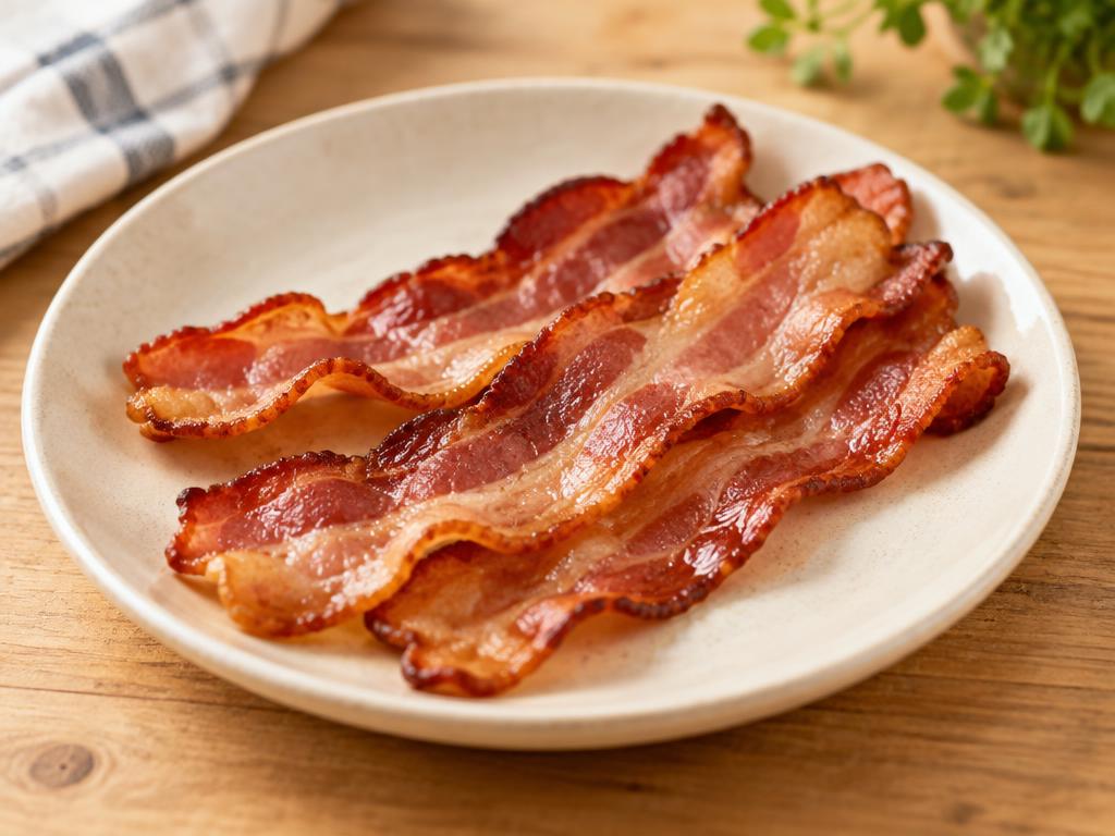 Three cooked bacon rashers on a cream plate