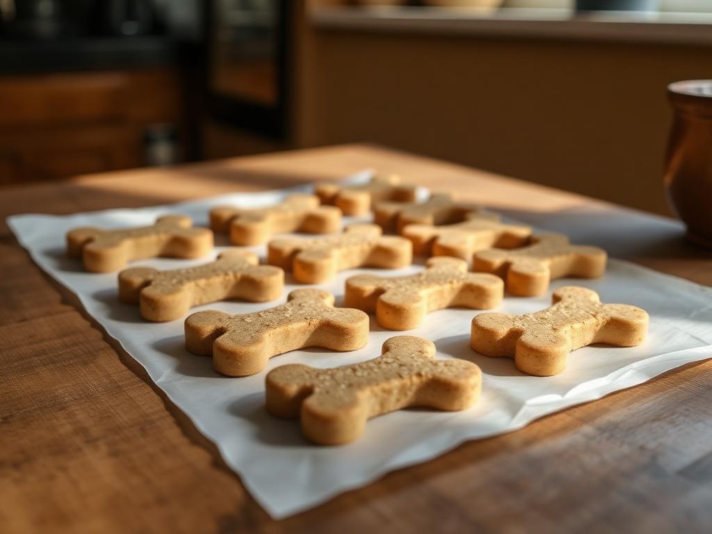 Bone-shaped banana oat dog biscuits cooling on parchment paper