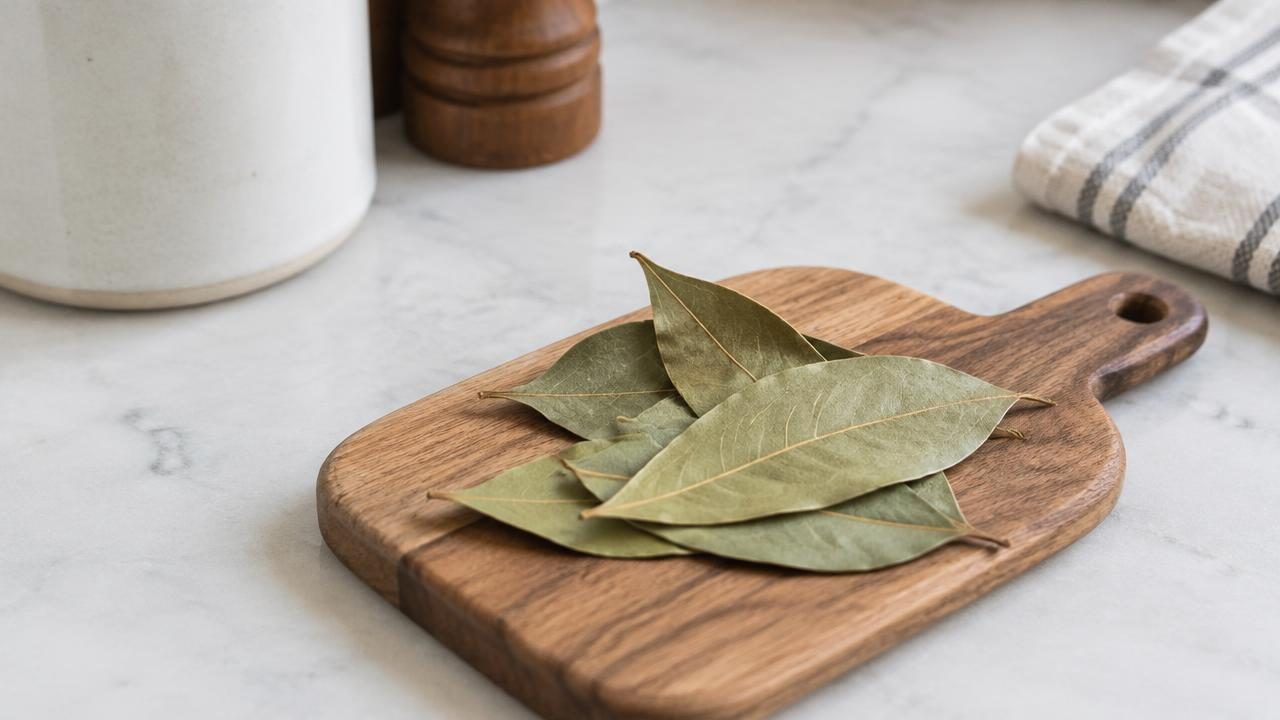 A few dried whole bay leaves on a wooden spice board, out of a dog's reach.