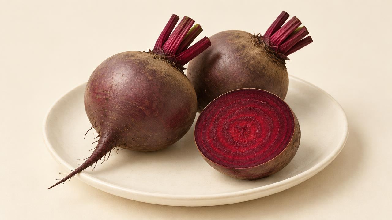 Two whole raw beetroots and a halved beetroot showing deep red flesh on a cream plate