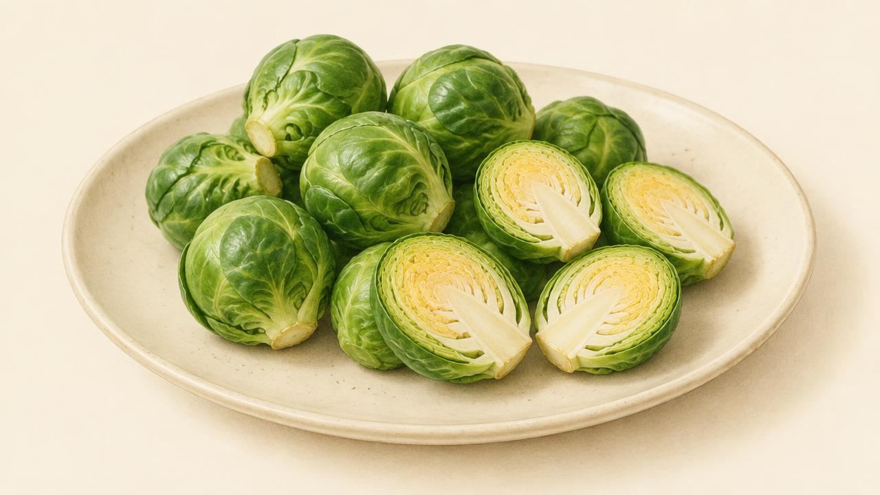 Whole and halved plain Brussels sprouts on a cream plate