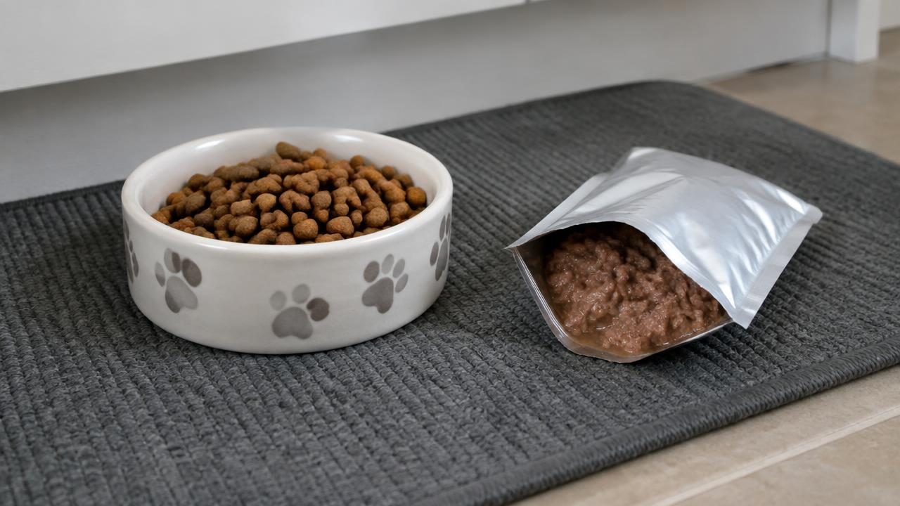 Un cuenco de comida seca comercial para gatos junto a un sobre abierto de comida húmeda para gatos.