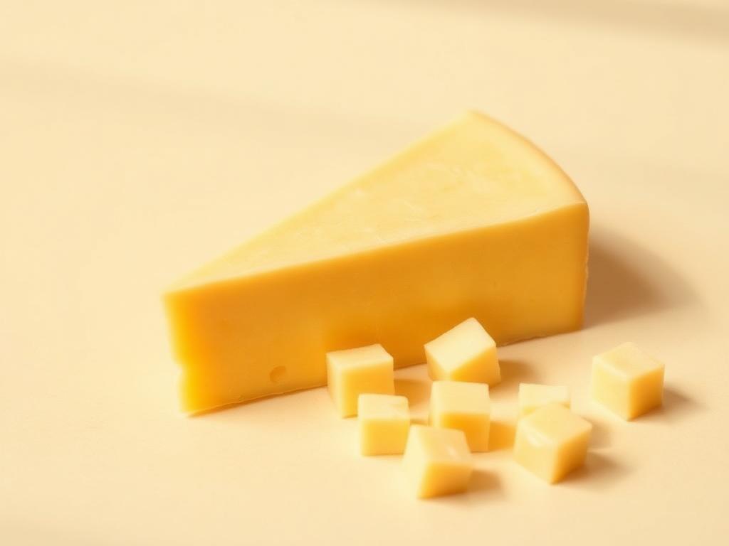 A wedge of cheddar cheese with small cubes