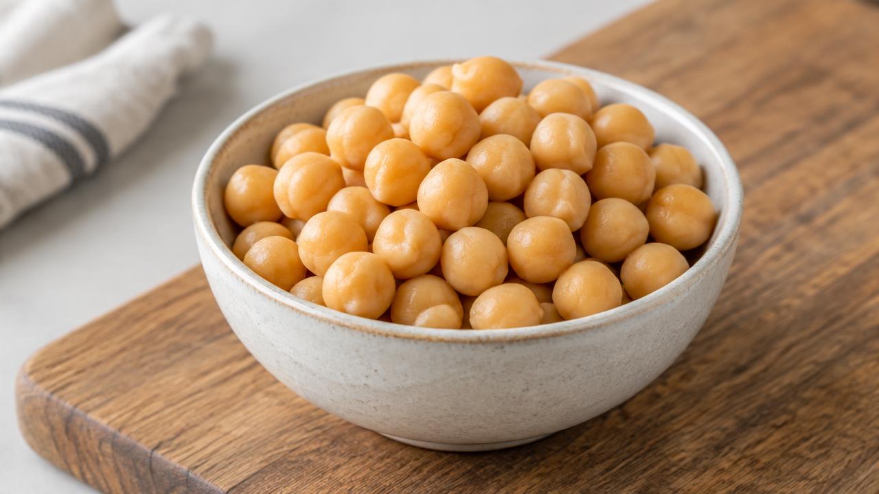 A small bowl of plain cooked chickpeas on a wooden board.