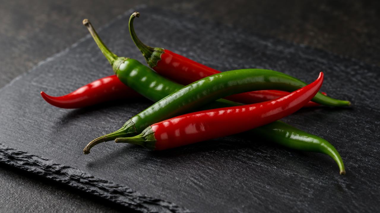 Red and green chili peppers on a dark slate board.