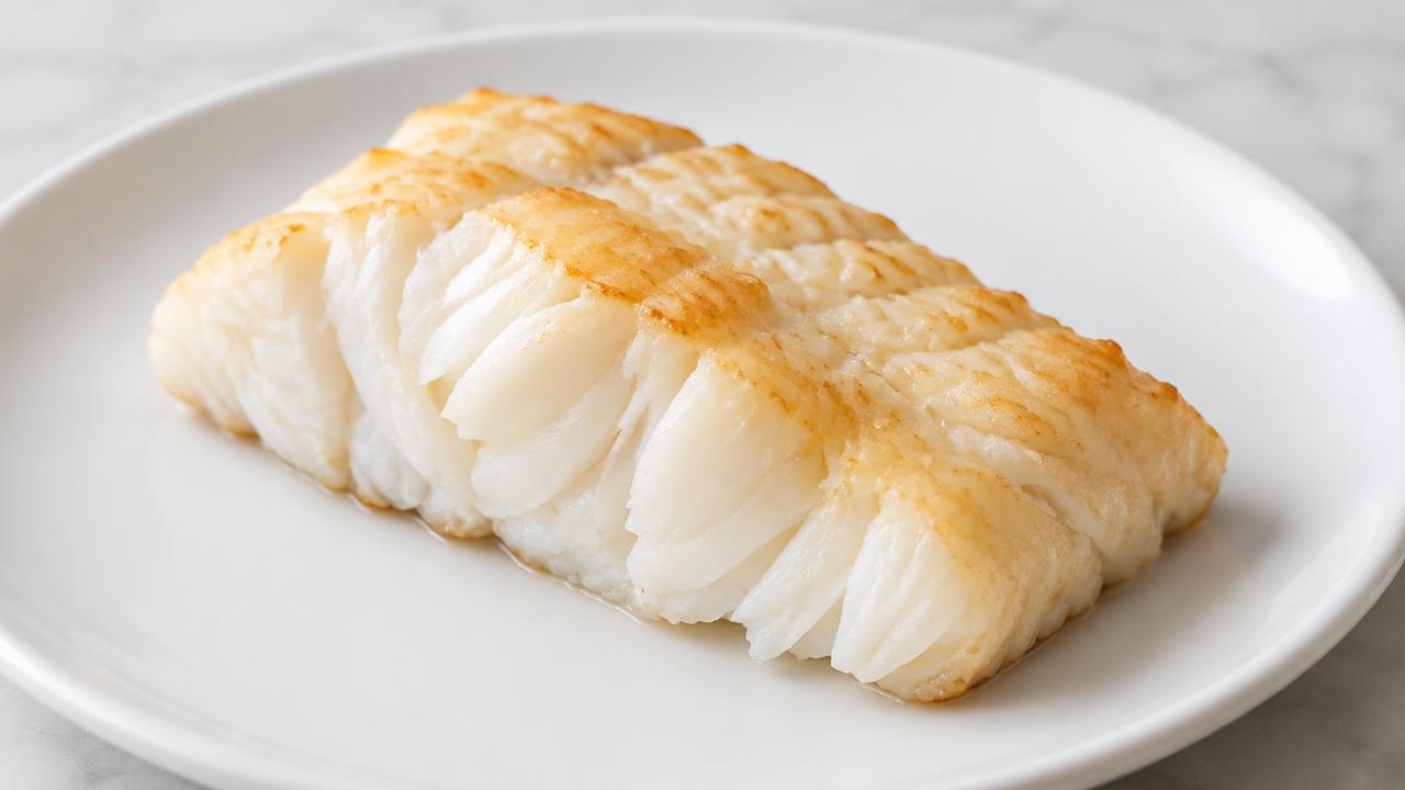 A plain baked cod fillet on a white plate.