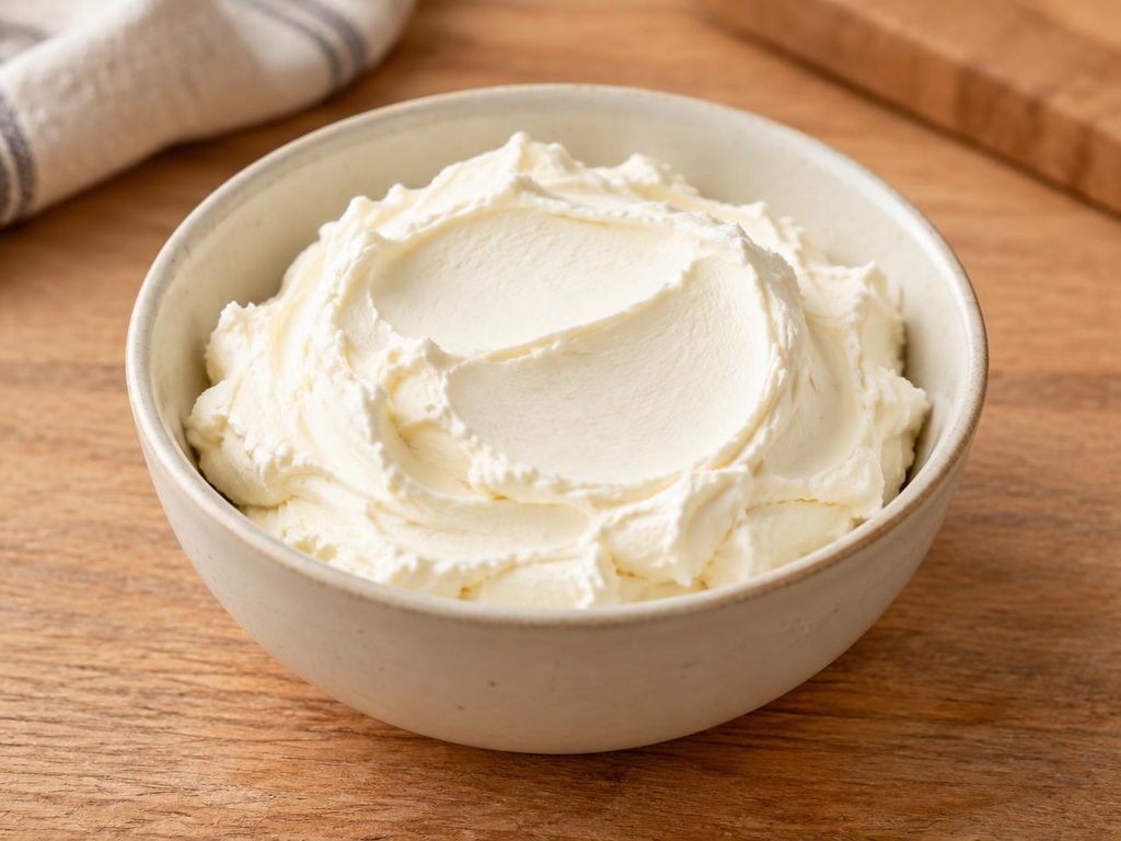 Plain cream cheese in a simple ceramic bowl