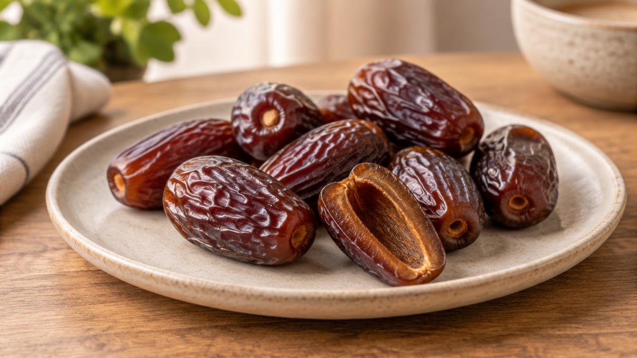 Pitted dried dates, one cut open to show the pit has been removed