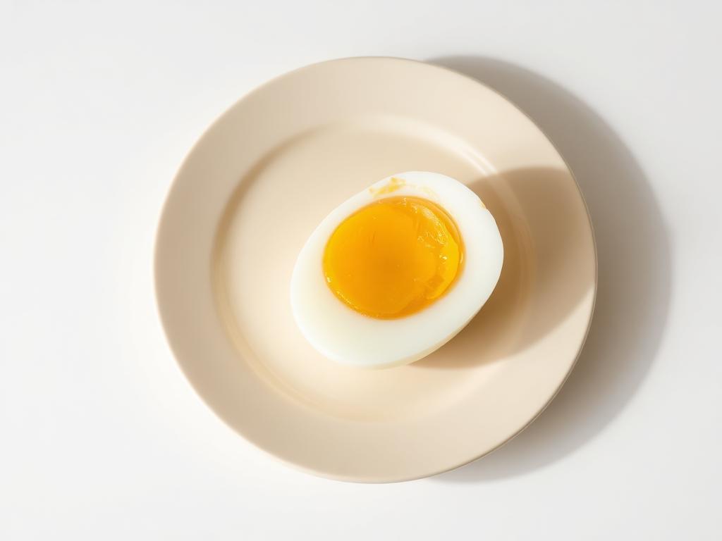A halved boiled egg on a cream ceramic plate