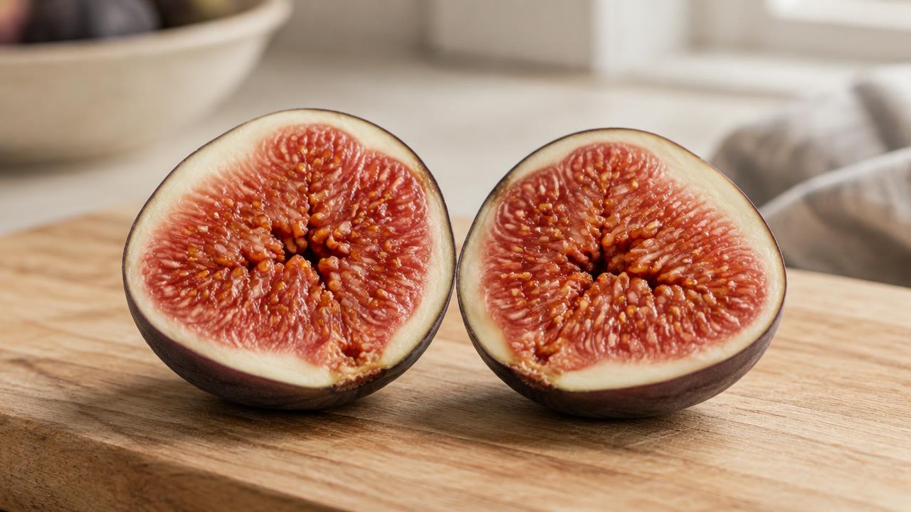 A fresh fig cut in half showing its pink flesh