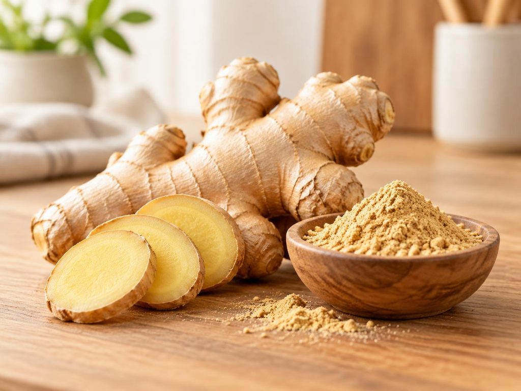 Fresh ginger root with a small bowl of ground ginger