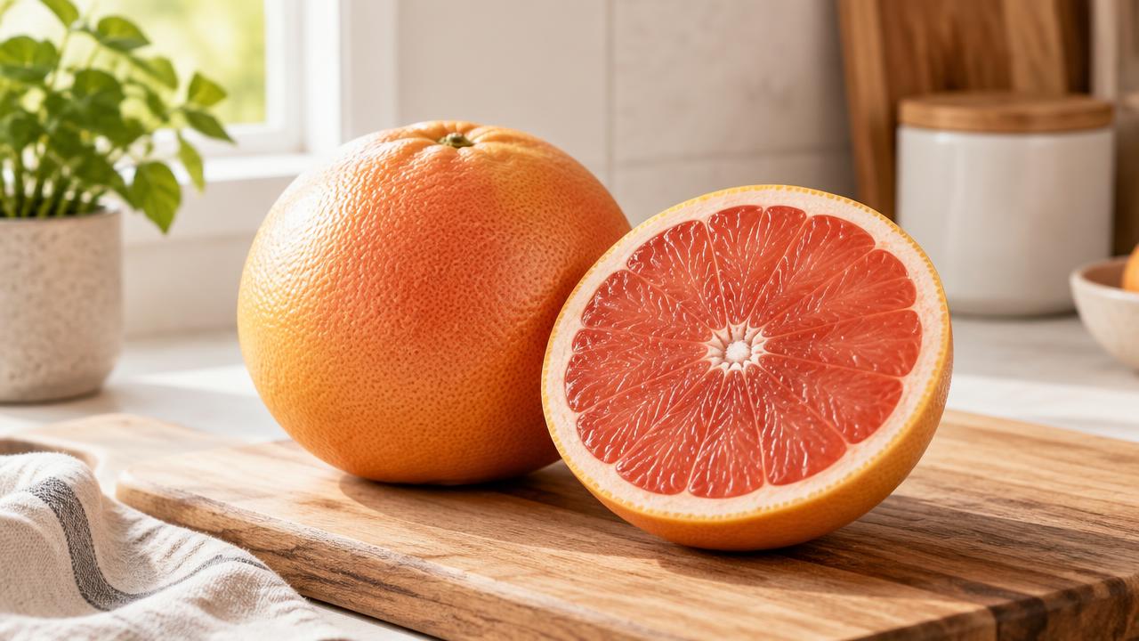 A whole pink grapefruit and one cut in half on a wooden board