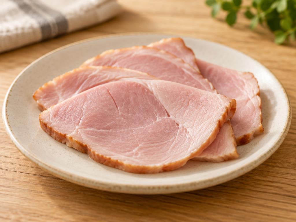 Slices of plain cooked ham on a cream plate