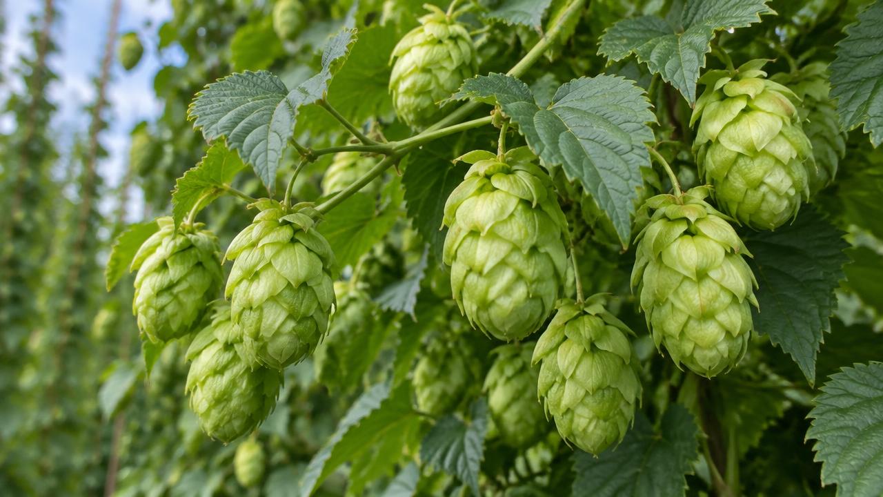 Green hop cones growing on a climbing hop plant.