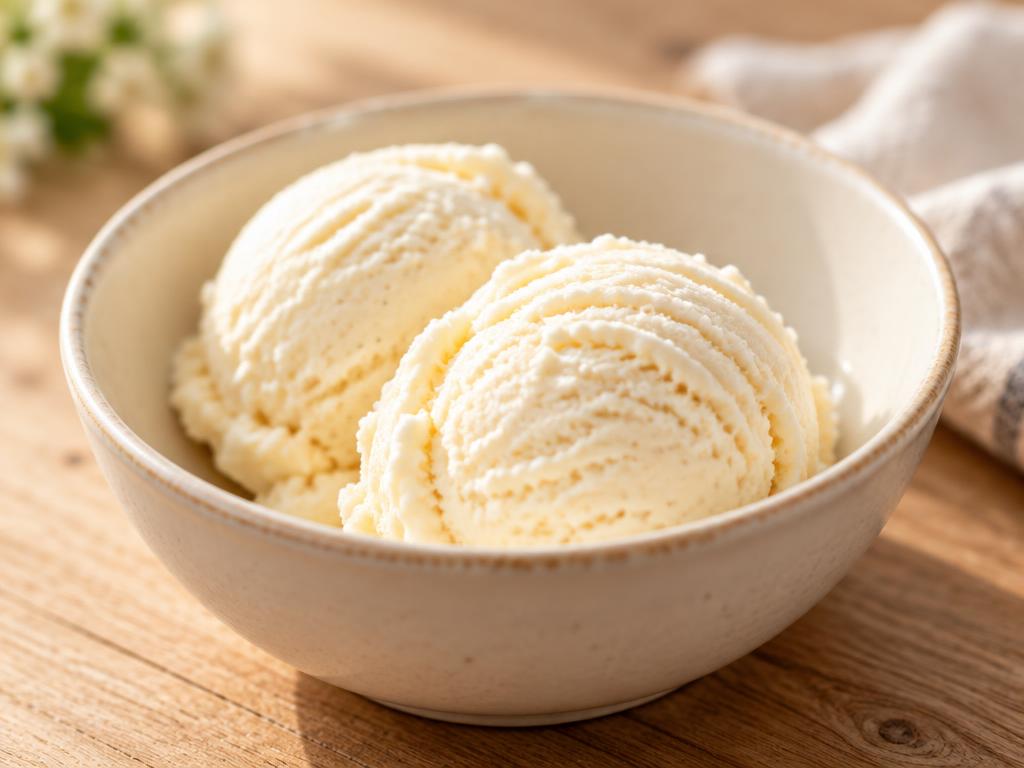 Two scoops of plain vanilla ice cream in a cream bowl