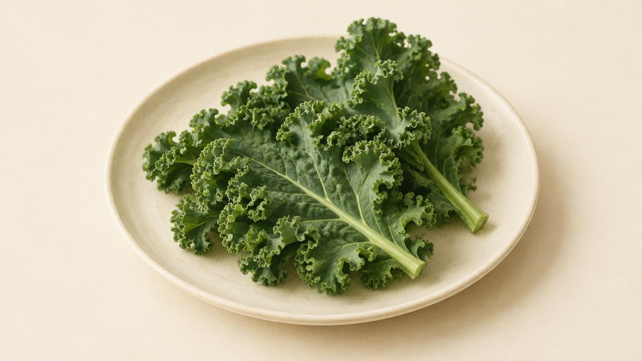A few fresh curly kale leaves on a cream plate