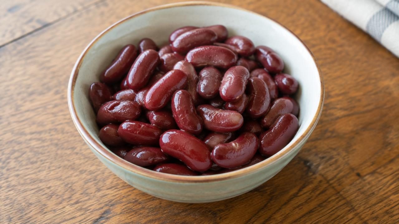 A small bowl of fully cooked plain red kidney beans on a wooden table.