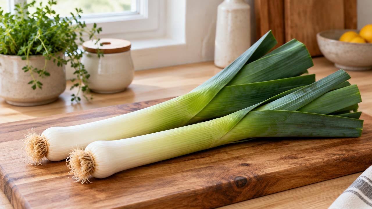 Two whole raw leeks lying on a wooden board
