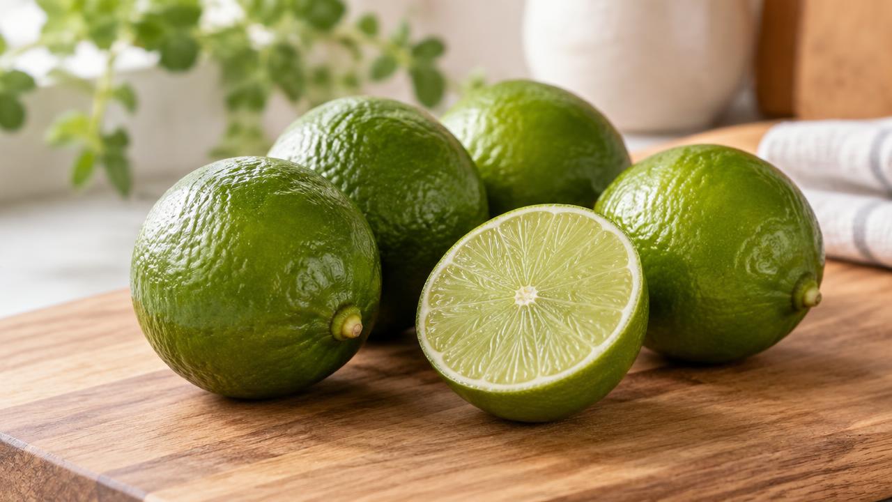 Whole limes and one lime cut in half on a wooden board
