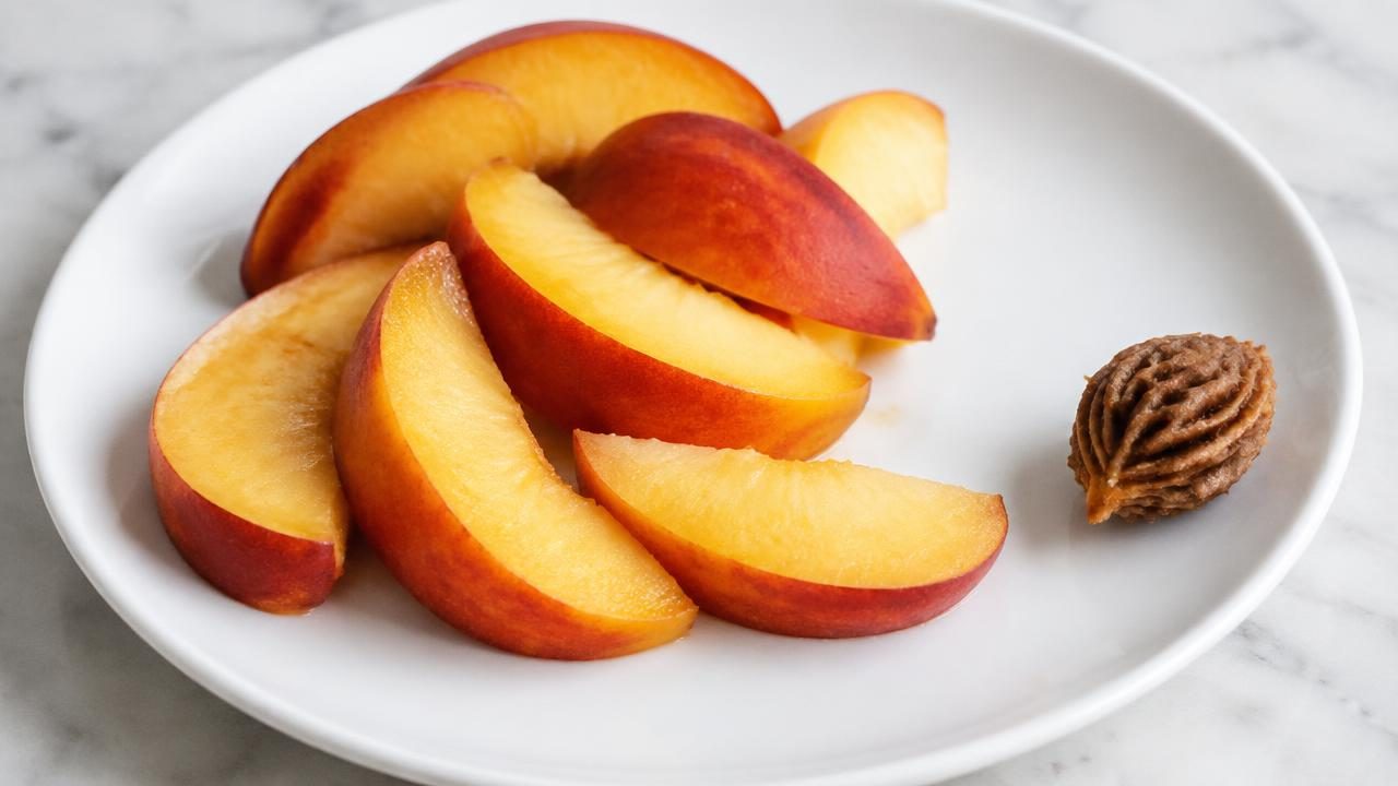 Slices of fresh nectarine flesh on a plate, with the pit removed and set aside.