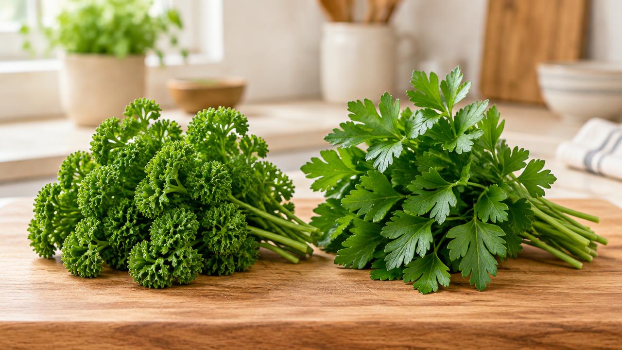 A bunch of curly parsley and flat-leaf parsley on a wooden board