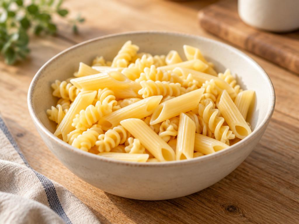 Plain cooked pasta with no sauce in a cream bowl