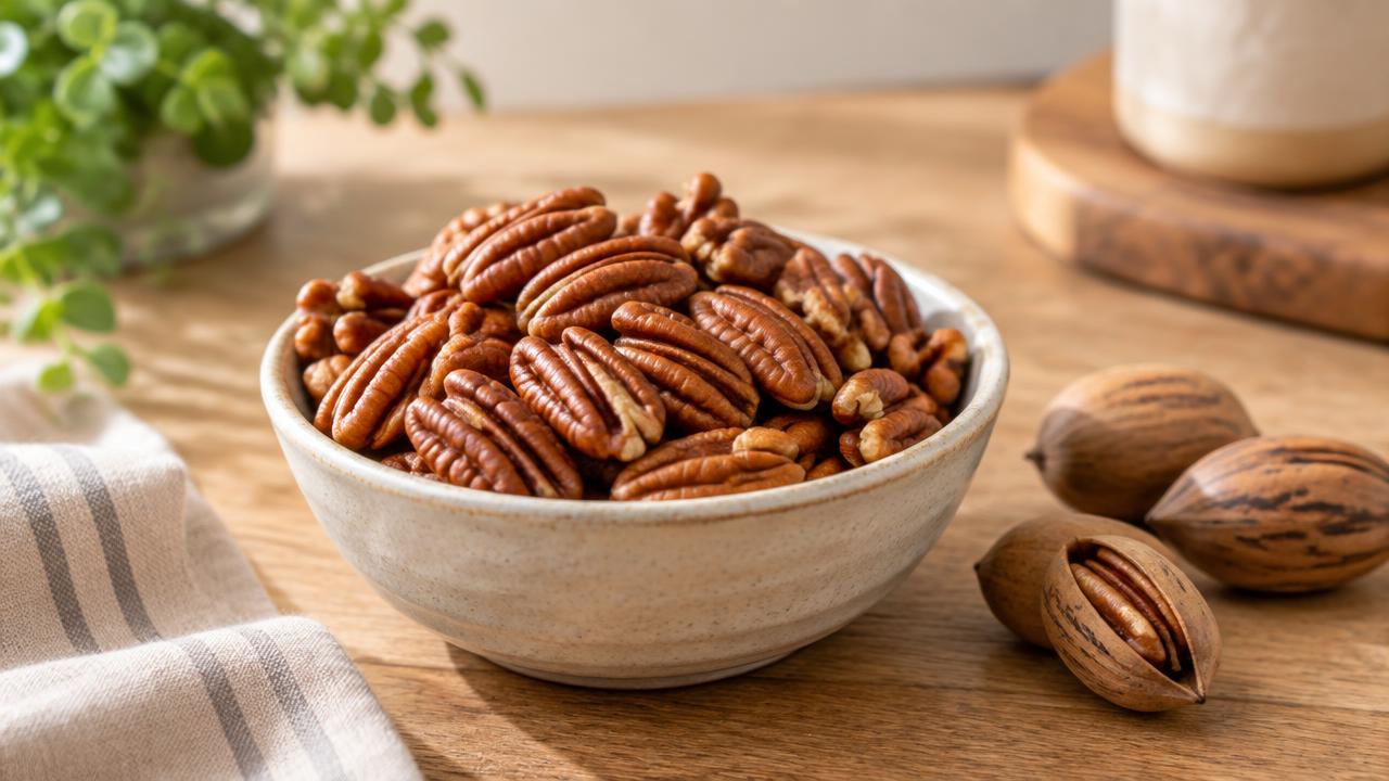 Pecans in and out of their shells in a small ceramic bowl