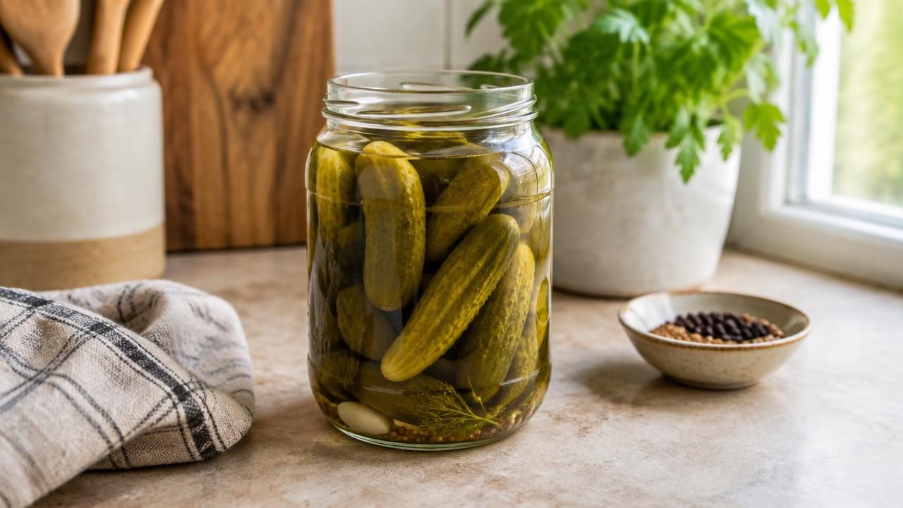 A few whole pickled cucumbers in a small glass jar on a kitchen counter.