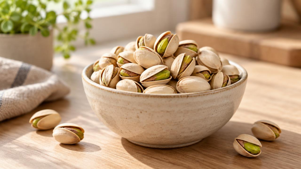 Pistachios in their shells in a ceramic bowl