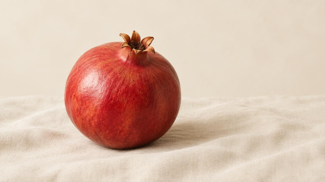 A single whole red pomegranate on a cream linen cloth