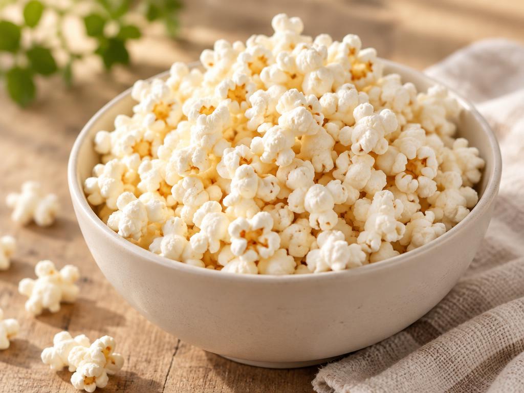 Plain air-popped popcorn in a cream bowl