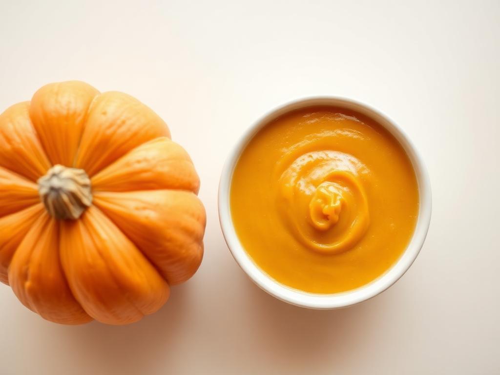 Plain pumpkin puree in a bowl beside a small pumpkin