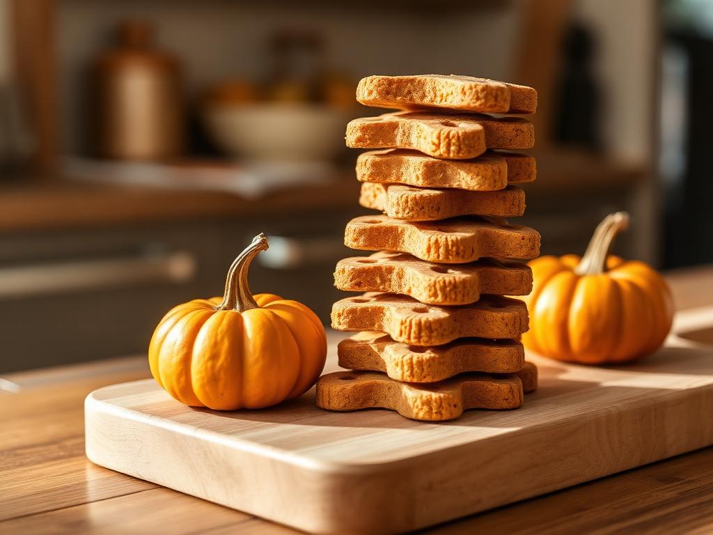 A stack of homemade pumpkin dog biscuits on a wooden board