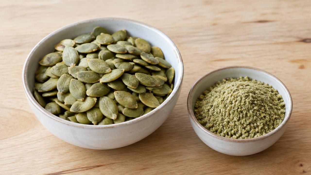 A small bowl of plain roasted pumpkin seeds beside a smaller bowl of ground seeds.