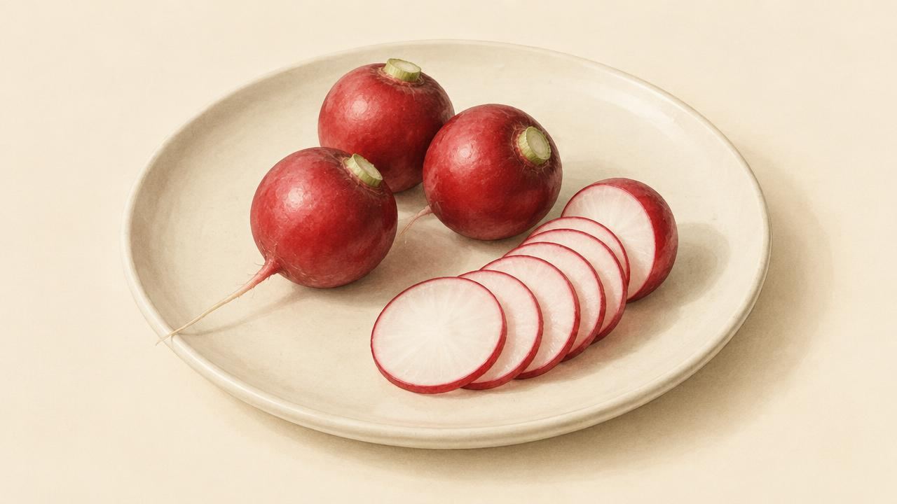 Three small red radishes with the greens trimmed and one sliced into rounds on a cream plate