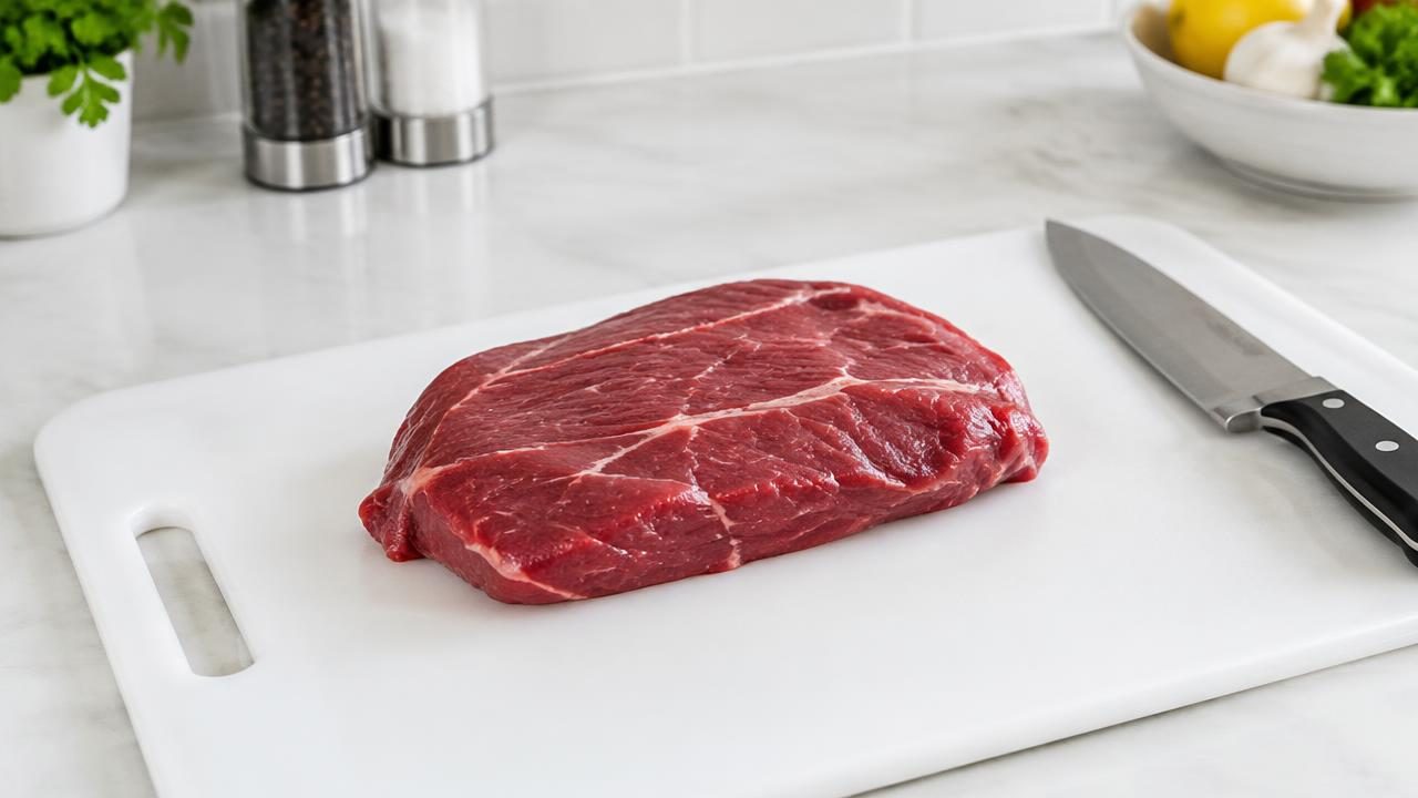 Carne cruda sobre una tabla de cortar en una cocina, como tema de seguridad alimentaria.