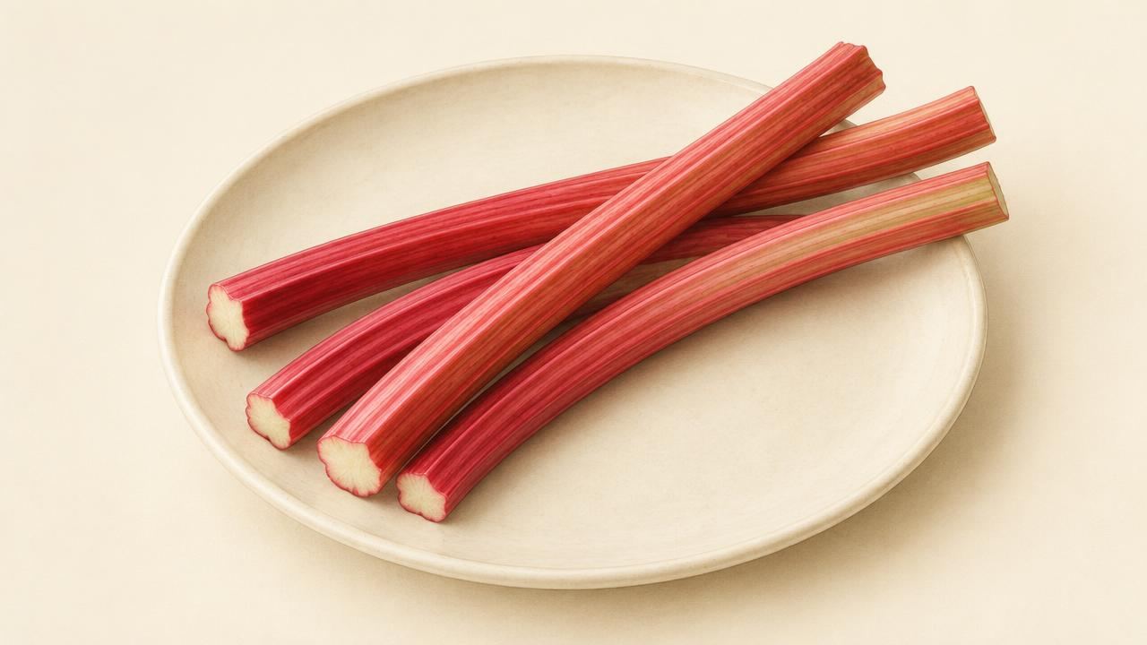 A few cleanly trimmed pink-red rhubarb stalks with no leaves on a cream plate
