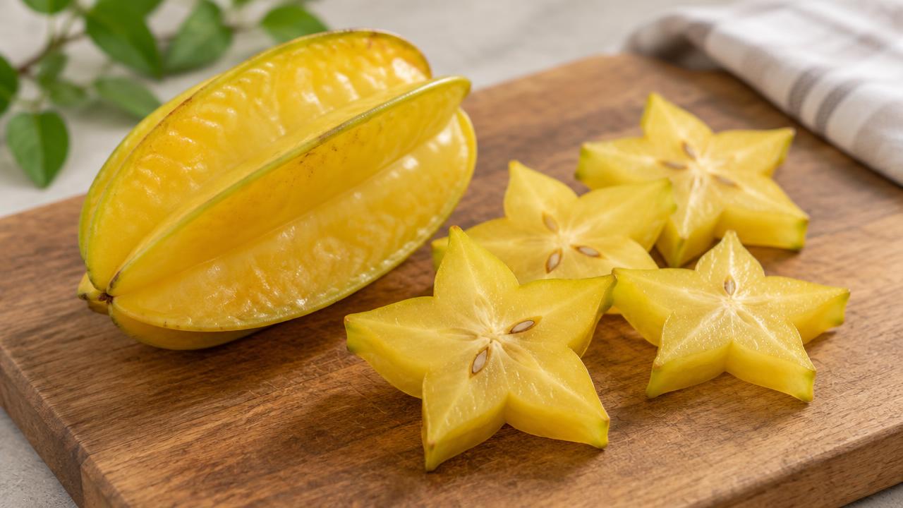 A whole star fruit and several star-shaped slices on a cutting board.