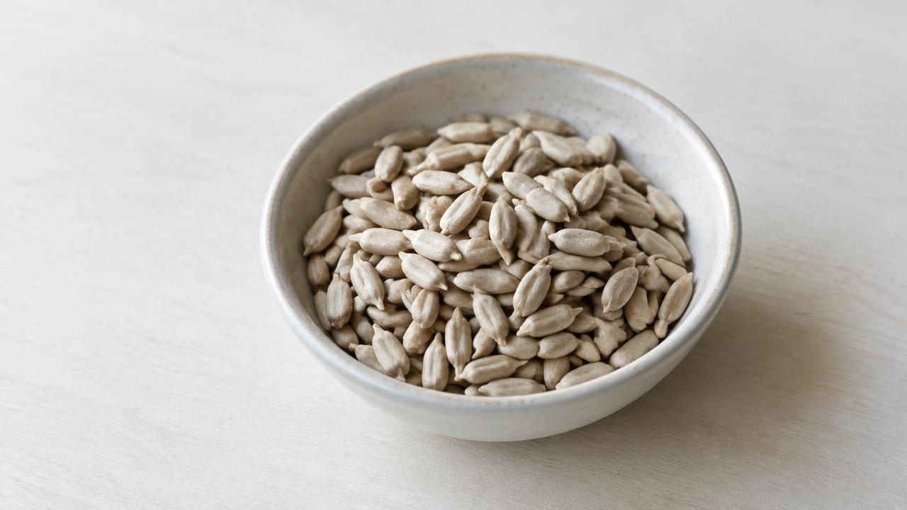 A small dish of plain, shelled sunflower seed kernels on a pale table.