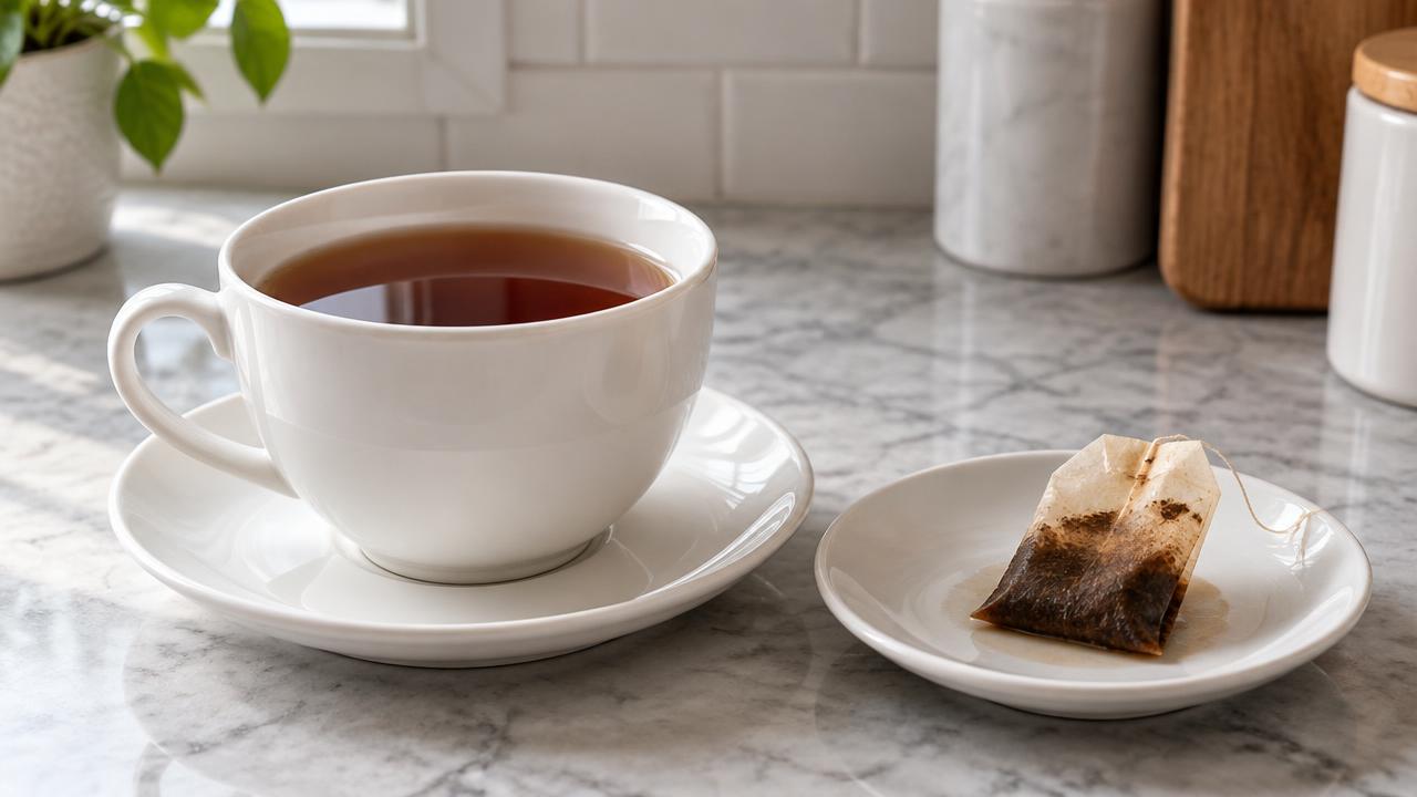 A cup of black tea on a saucer next to a used tea bag on a kitchen counter.