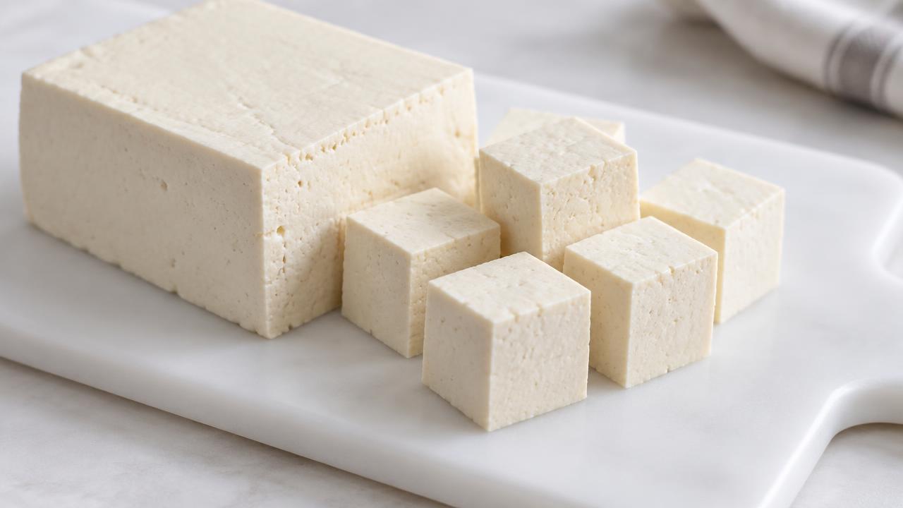 A block of plain firm tofu cut into cubes on a white board.